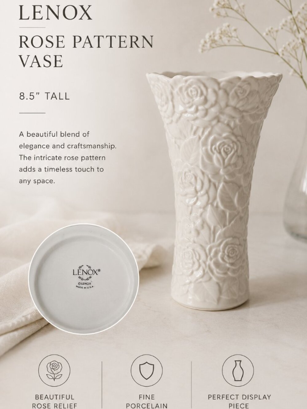 Lenox Rose Pattern Vase 8.5" Tall